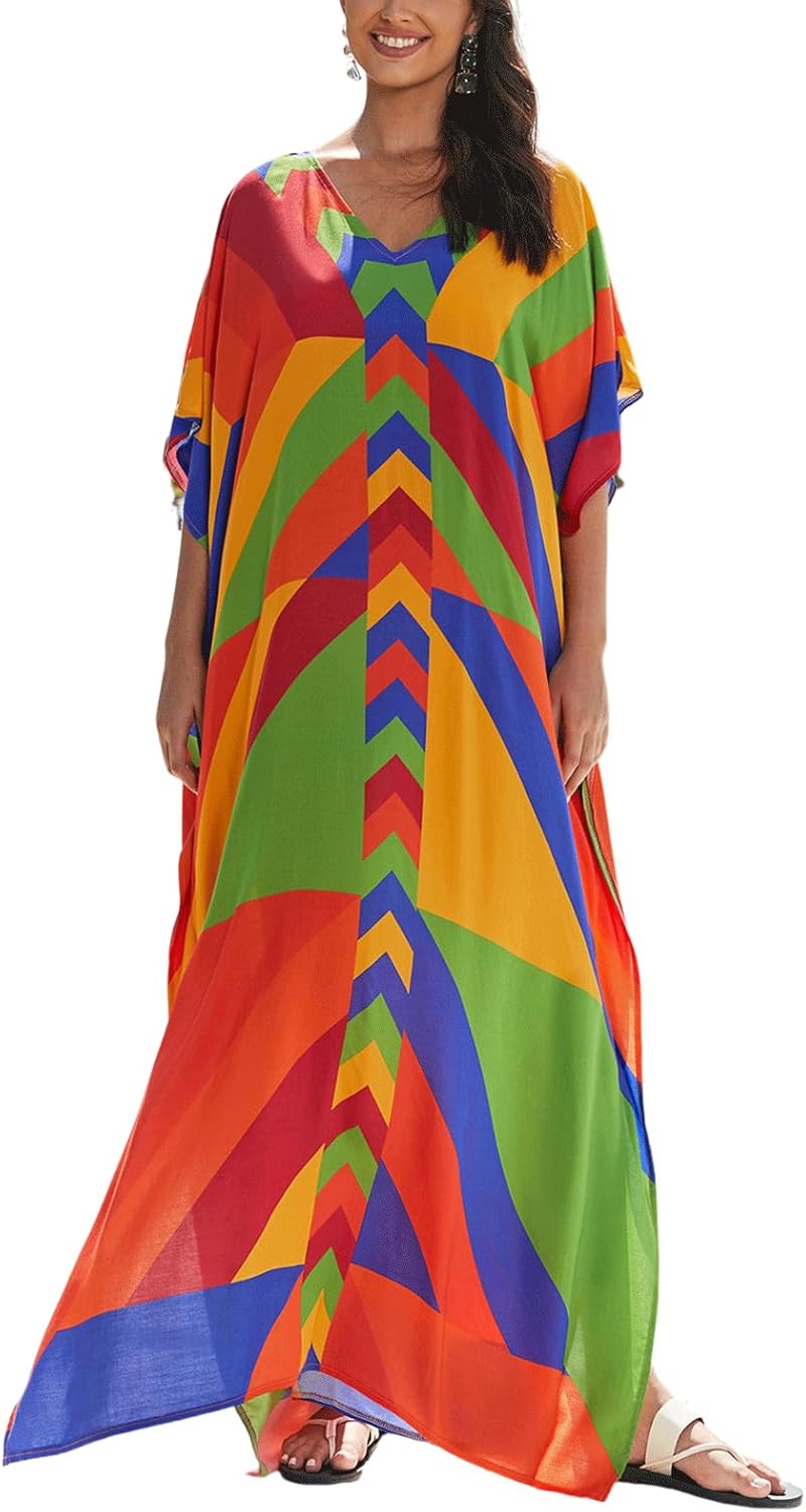 IMAGEKOPE Women's Plus Size Loose Fit Moroccan Print V-Neck Batwing Kaftan Beach Dress Bathing Suit Cover Up - Image 1